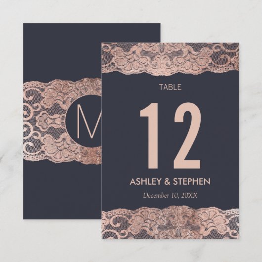 Numéros de table en dentelle d'or rose et bleu mar (Devant / Derrière)