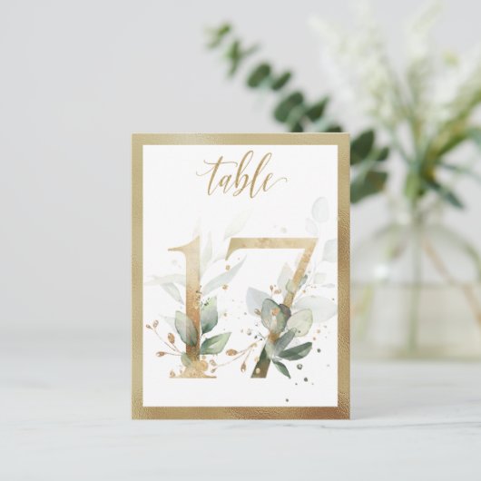 Numéros de table en or avec feuillage vert, carte  (Debout devant)