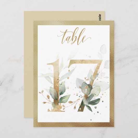 Numéros de table en or avec feuillage vert, carte  (Devant / Derrière)