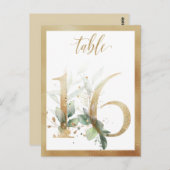 Numéros de table en or avec feuillage vert, carte  (Devant / Derrière)