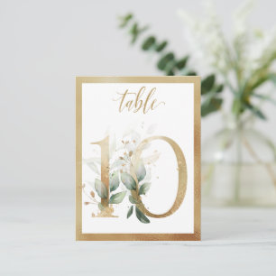 Numéros de table en or avec feuillage vert, carte