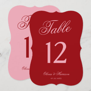 Numéros de table en script découpe gras rose rouge