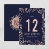 Numéros de table floraux élégants bleu marine et o (Devant / Derrière)