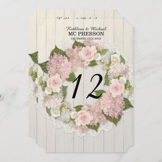 Numéros de table Hydrangea rose Lace Bois rustique (Devant / Derrière)