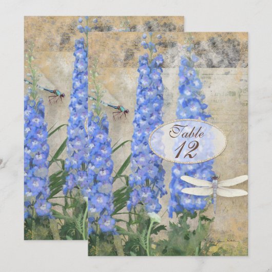 Numéros de table Libellule Papillon Delphinium Art (Devant / Derrière)
