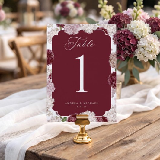 Numéros de table Mariage d'Hiver Hydrangea Bourgog