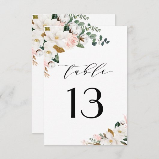 Numéros de table Mariage rose or et blanc Magnolia (Devant / Derrière)
