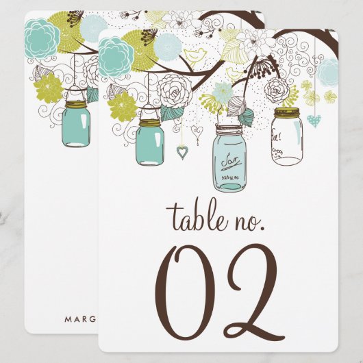 Numéros de table sur cartes avec pots Mason bleus (Devant / Derrière)