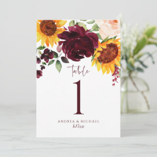Numéros de table Tournesol Roses Bordeaux Rouge Ma