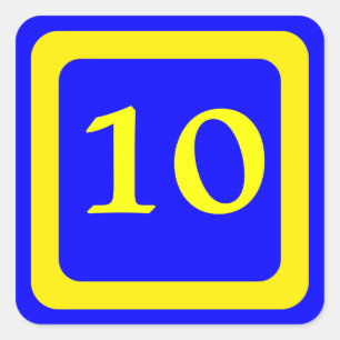 Nummer 10, blauwe achtergrond, geel lijst vierkante sticker