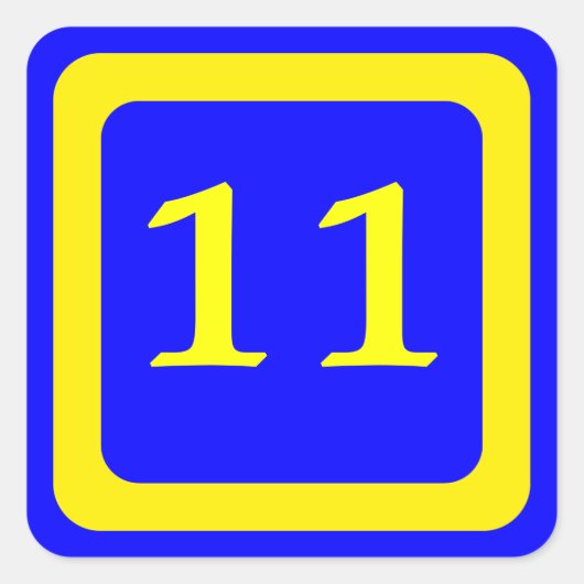 Nummer 11, blauwe achtergrond, geel lijst vierkante sticker (Voorkant)