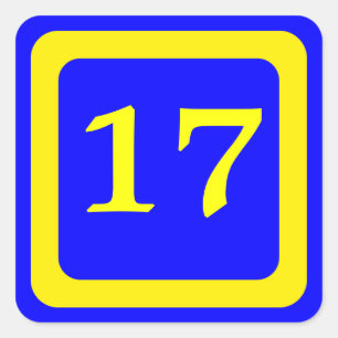 Nummer 17, blauwe achtergrond, geel lijst vierkante sticker