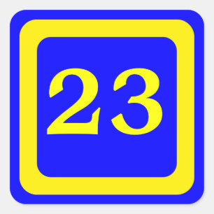 Nummer 23, blauwe achtergrond, geel lijst vierkante sticker