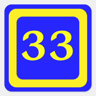 Nummer 33, blauwe achtergrond, geel lijst vierkante sticker
