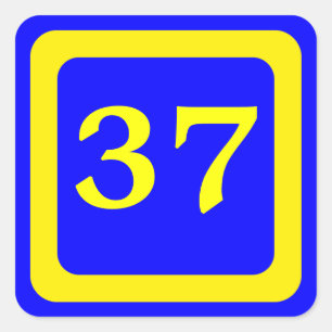 Nummer 37, blauwe achtergrond, geel lijst vierkante sticker
