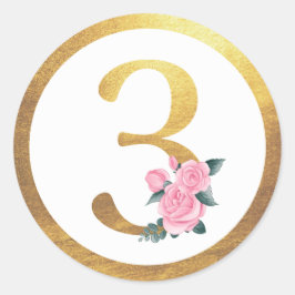 Nummer 3 Drie Roze Rozen Bloemen & Elegant Goud Ronde Sticker