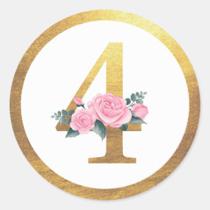 Nummer 4 Vier Roze Rozen Bloemen & Elegant Goud Ronde Sticker