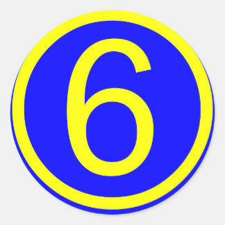 Nummer 6 in een cirkel, blauwe achtergrond ronde sticker