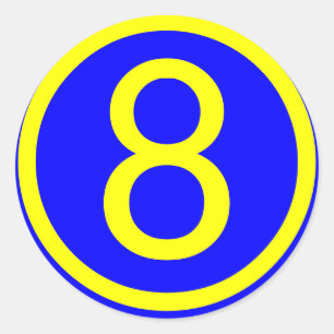 Nummer 8 in een cirkel, blauwe achtergrond ronde sticker