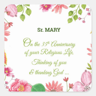 Nun Religious 35th Jubileum Waterverf Flowers Vierkante Sticker