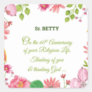 Nun Religious 60th Jubileum Waterverf Flowers Vierkante Sticker