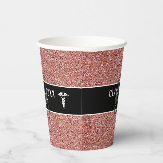 Nurse Afstuderen Caduceus Roos Gold Glitter Naam Papieren Bekers (Rechts)