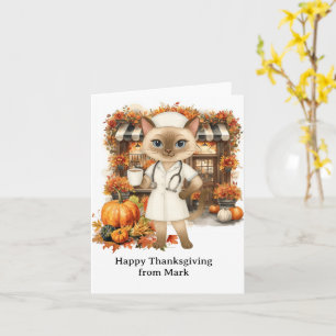 NURSE Cat with Flowers Herfst Seizoen Thanksgiving Kaart