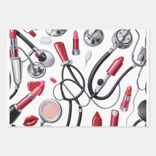 Nurse Glam - Stethoscoop & Lipstick Pattern Inpakpapier Vel (Voorkant 3)