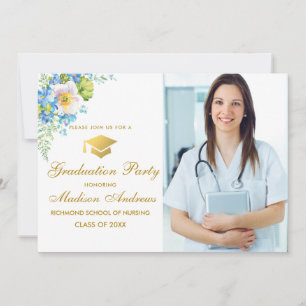 Nurse Gold Blue Floral Afstudeerder Party Invite Kaart