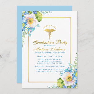 Nurse Gold Blue Floral Grad Party Invitation BG