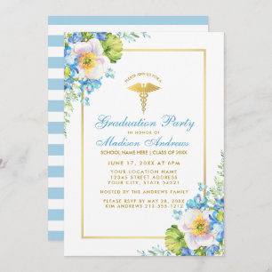 Nurse Gold Blue Floral Grad Party Invitation S