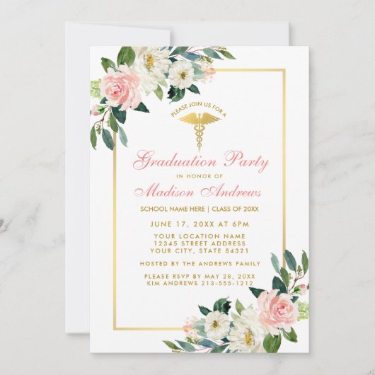 Nurse Graduation Party Pink Floral Gold Invitation (Devant)