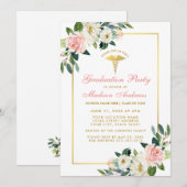 Nurse Graduation Party Pink Floral Gold Invitation (Devant / Derrière)