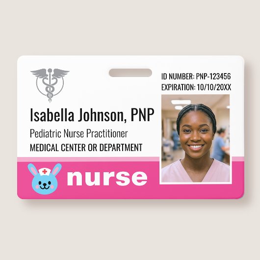Nurse ID Badge Photo Logo Rabbit Pink Pediatric