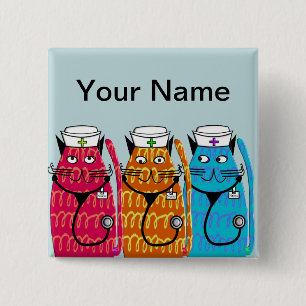 Nurse katten Naam badge Pins III Vierkante Button 5,1 Cm