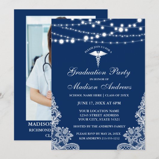 Nurse Lace Blue Grad Party Invitation - Retour Pho (Devant / Derrière)