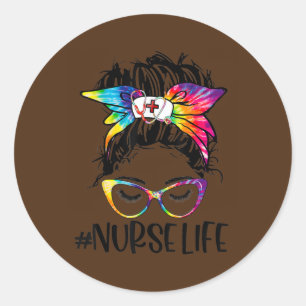Nurse Life Messy Bun Tie Dye Glasses Bandana Ronde Sticker