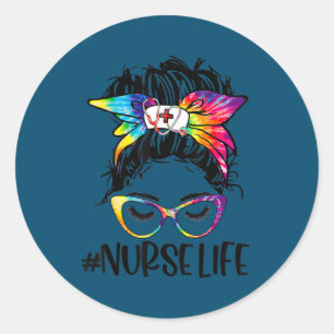 Nurse Life Messy Bun Tie Dye Glasses Bandana Ronde Sticker