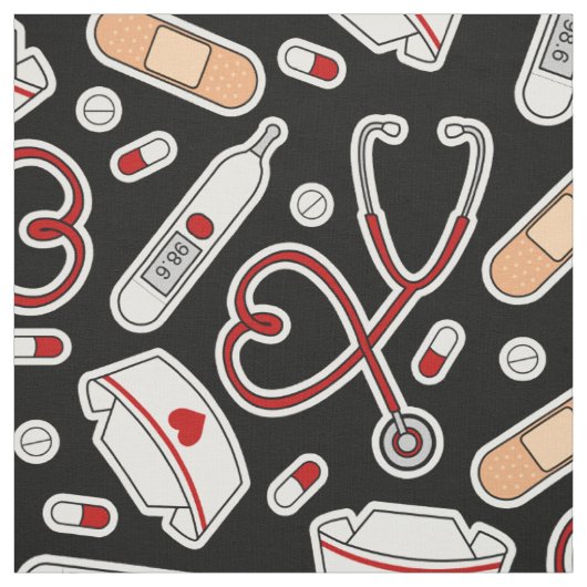 Nurse Love Pattern Black Stof (Swatch)