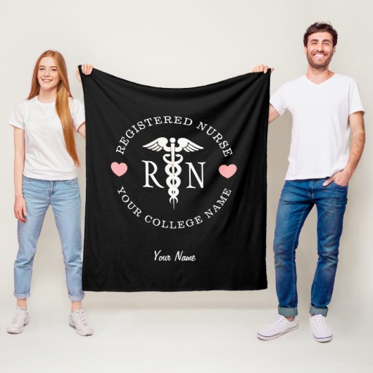 Nurse RN Black White Caduceus Afstuderen Monogram Fleece Deken (In situ)