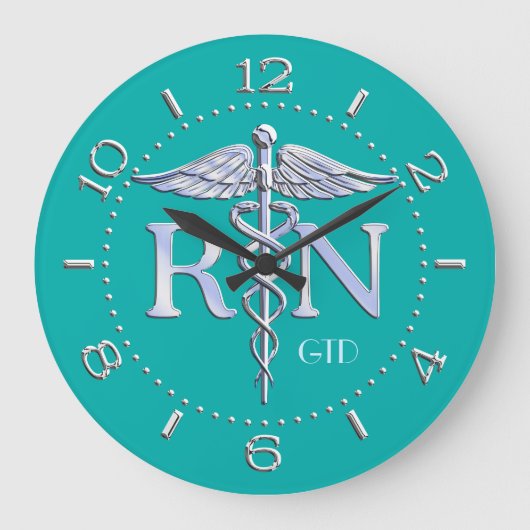 Nurse RN Caduceus Monogram Dial Style op Turquoise Grote Klok (Voorkant)