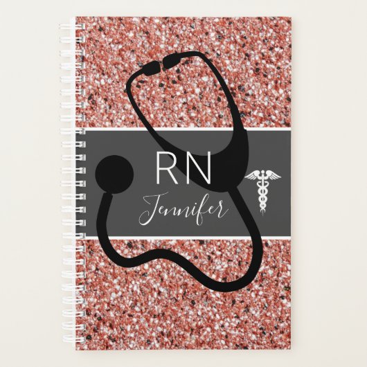 Nurse RN Stethoscope Pink Rose Gold Glitter Name Planner (Voorkant)