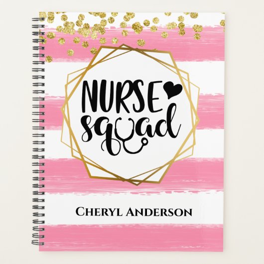 Nurse squad DIY-naam roze witte glitterstrepen Planner (Voorkant)