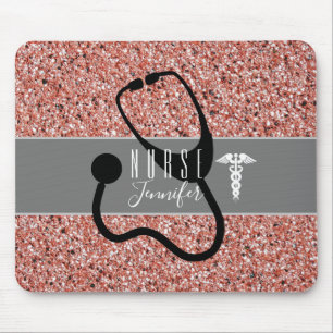 Nurse Stethoscope Caduceus Roos Gold Glitter Muismat