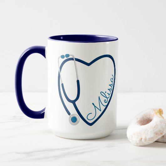 Nurse Stethoscope Heart Blue Coffee Fun Mok (Met donut)