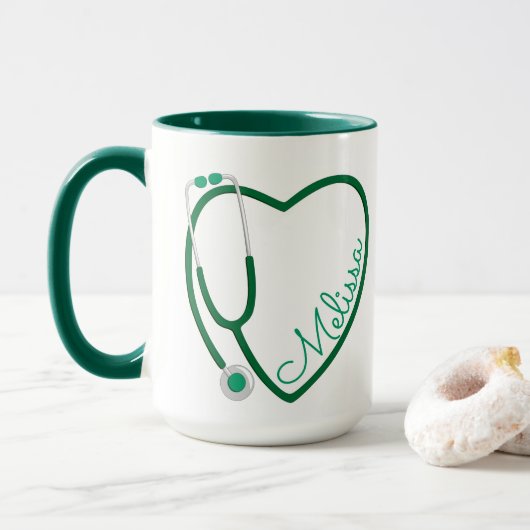 Nurse Stethoscope Heart Green Coffee Fun Mok (Met donut)