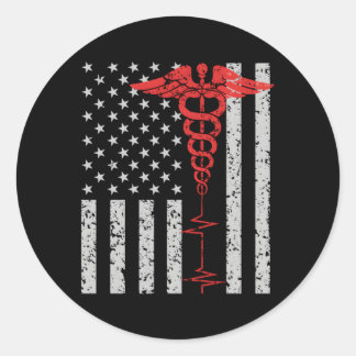 Nurse Thin Red Line Caduceus Amerikaanse vlag Ronde Sticker
