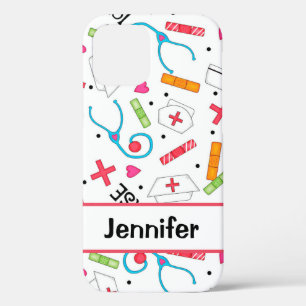 Nurse Whimsy Medical Art Witte naam op maat iPhone 12 Hoesje