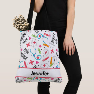 Nurse Whimsy Medical Art Witte naam op maat Draagtas