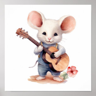 Nursery Art Poster Muis Gitaar spelen, Linkerhand